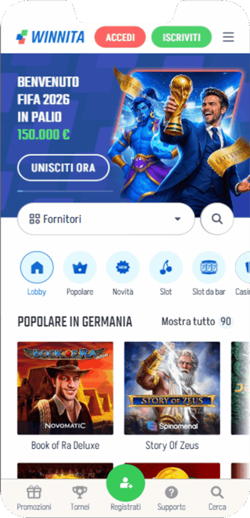 Schermata principale Dell'app mobile Winnita in Italia