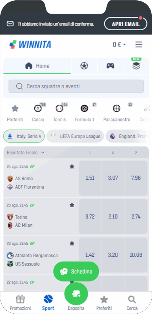 Sezione Scommesse sportive Nell'app mobile Winnita in Italia