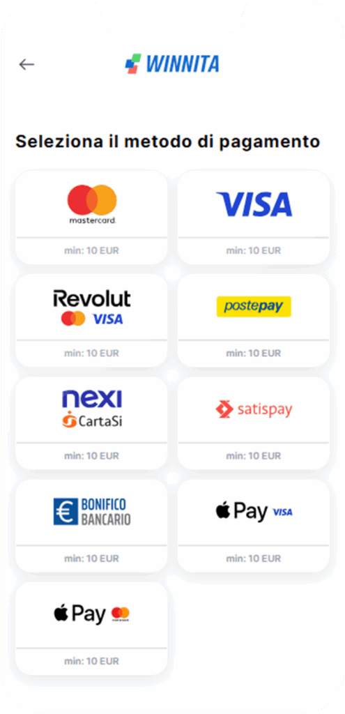 Metodi di pagamento Nell'app mobile Winnita in Italia